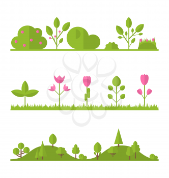 Collection set flat icons tree, pine, oak, spruce, fir, garden bush isolated on white - vector