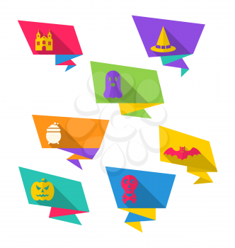 Illustration Colorful Origami Paper Banners with Flat Icons of Halloween Symbols - Vector