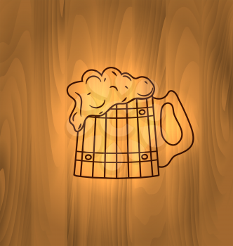 Oktoberfest Illustration, Mug Beer with Foam Scorch on Wooden Wall, Old Style Vintage Background - vector