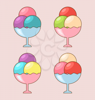 Illustration Collection Different Colorful Ice Creams Portion Three Balls Isolated on Pink Background - Vector