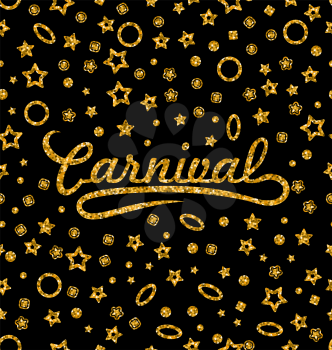 Illustration Golden Glittering Seamless Pattern with Different Geometric Figures for Carnival. Shimmering Continuous Wallpaper, Luxury Background, Disco Party Template - Vector