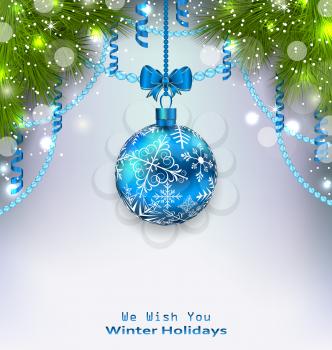 Illustration Christmas Glass Ball, Fir Branches, Streamer - Vector