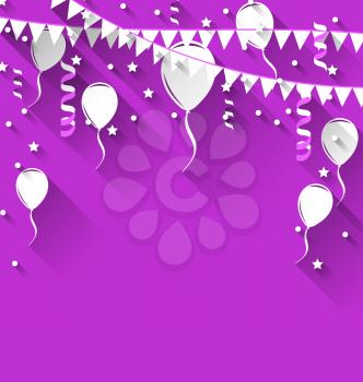 Illustration happy birthday background with balloons and hanging buntings, trendy flat style with long shadows - vector