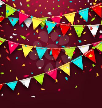 Illustration Holiday Background with Colorful Bunting and Confetti. Bright Banner with Copy Space for Your Text - Vector