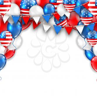 Illustration American Traditional Celebration Background for Holidays of USA. Poster with Balloons and Bunting Pennants. Copy Space for Your Text - Vector