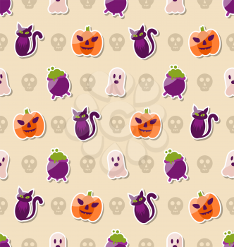 Illustration Halloween Seamless Texture with Colorful Flat Icons. Abstract Background - Vector