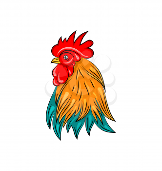 Illustration Head of Rooster, Hand Drawn Style, Colorful Cock - Vector