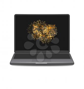 Illustration Laptop Screen Display with Firework. Notebook Isolated on White Background - Vector