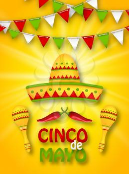 Illustration Holiday Celebration Banner for Cinco De Mayo with Chili Pepper, Sombrero Hat, Maracas. Bunting Decoration - Vector