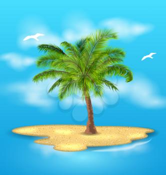 Illustration Tropical Island with Palm Tree, Outdoor, Vacation, Landscape - Vector