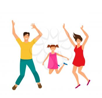 Father, Mother and Daughter Jumping. Happy Family Isolated on White Background, Sporty People - Illustration Vector