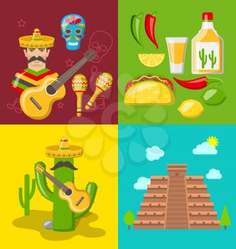 Illustration Collection Banners of Mexican Icons. Flat Style, Objects and Symbols for Cinco de Mayo - Vector