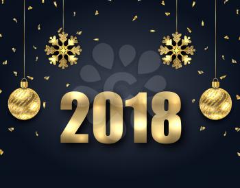 New Year Dark Background with Golden Baubles, Greeting Banner - Illustration Vector