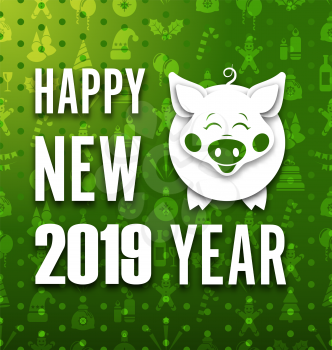 Happy New Year Card with Cut Paper Pig. Greeting Banner - Illustration Vector