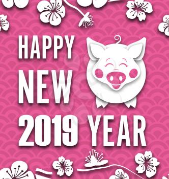 Happy Chinese New Year Background with Cut Paper Pig. Spring Sakura Flowers - Illustration Vector