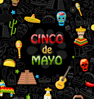 Holiday Banner with Set Mexican Colorful Symbols for Cinco de Mayo. Advertising Template - Illustration Vector