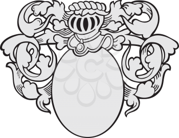 Vector image of medieval coat of arms, executed in woodcut style, isolated on white background. No blends, gradients and strokes.