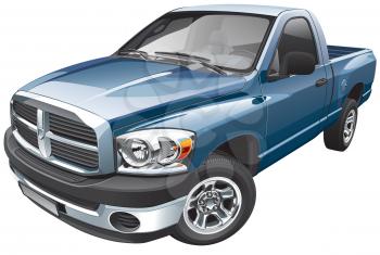 High quality photorealistic illustration of blue American full-size pickup, isolated on white background. 