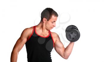 handsome guy in black-and-red undershirt holding dumbbell (low saturation toning)