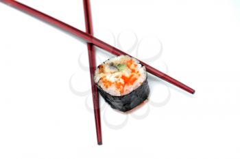 maki with chopsticks isolated on white background