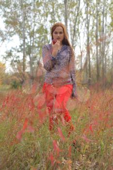 Beautiful young redhead in a autumn meadow