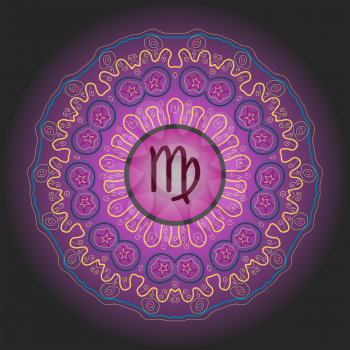 zodiac sign The Virgin (Virgo) on ornate oriental mandala pattern violet