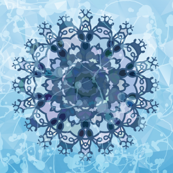 Snowflake like design over blue triangles background. Round Pattern Mandala. Stylized flower.