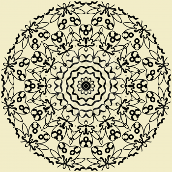 Indian mandala in outlines on yellow background.