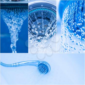 Closeup of a shower head with sprinkling water, blue toned set of photo.