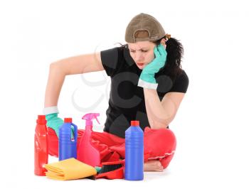 Royalty Free Photo of a Woman With Cleaning Products