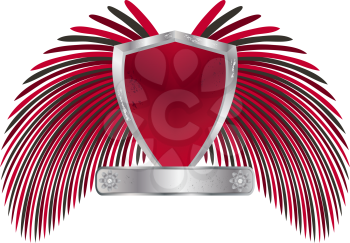 Royalty Free Clipart Image of a Distressed Heraldic Shield With Wings and Banner