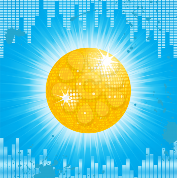 Royalty Free Clipart Image of a Sparkling Orange Disco Ball on a Background With an Equalizer