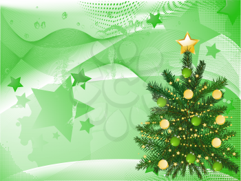Royalty Free Clipart Image of a Decorated Christmas Tree on a Blended Star Background