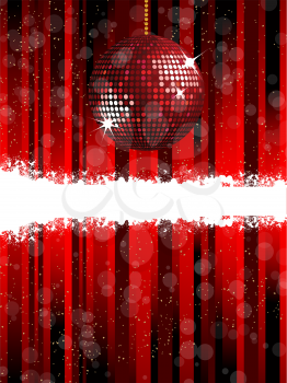 Royalty Free Clipart Image of a Sparkling Red Disco Ball on a Striped Background