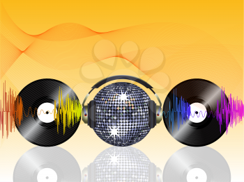 Royalty Free Clipart Image of a Sparkling Disco Ball Between Headphones and Discs