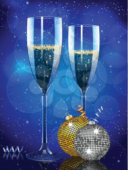 Champagne flutes on a blue background with Christmas baubles and streamers