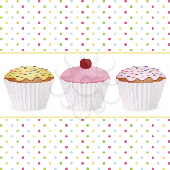 cupcakes on a white border on a colored polka-dot background