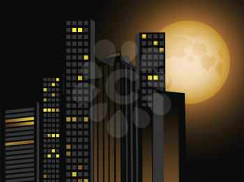 Full moon and city scape with sky scrapers, offices and appartments