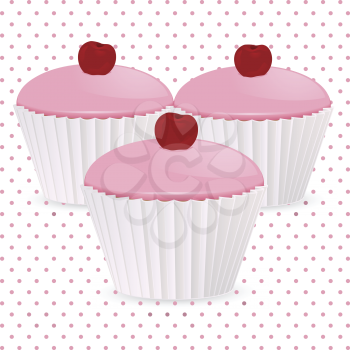 Cupcakes in white cases with pink icing and cherries on a pink polka dot background