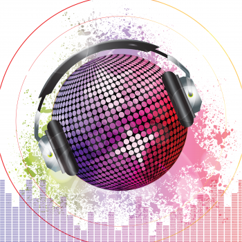 pink and purple disco ball with headphones on a grunge background with equaliser