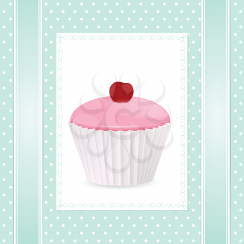 pink cherry cupcake on a white label against a blue polka-dot background with ribbons