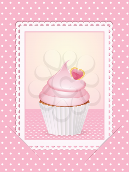 pink cupckake on a decorative card slotted in to a pink polka dot background