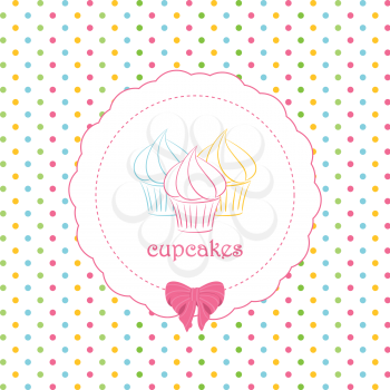 cupcakes on a White Label and Bow with Colourful Polka Dot Background