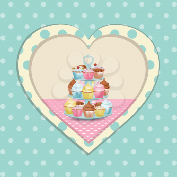 Cupcake Stand in a Heart with Blue Polka Dots on a Blue Background