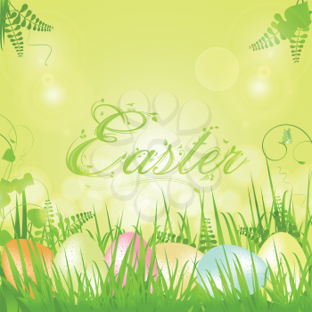 Easter background with speckled eggs and ornate 'Easter' text on a yellow background
