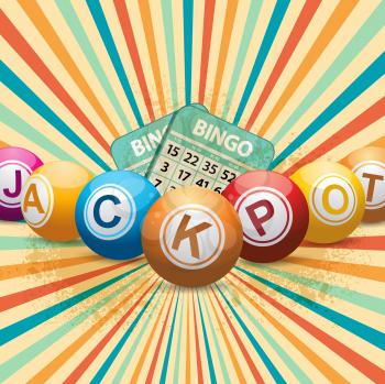 Bingo Ball Jackpot  and Cards on a Retro Star Burst with Grunge Elements