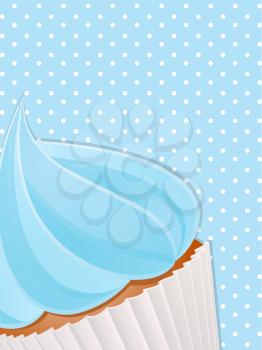 Cupcake with Blue Icing on a Blue Polka Dot Background