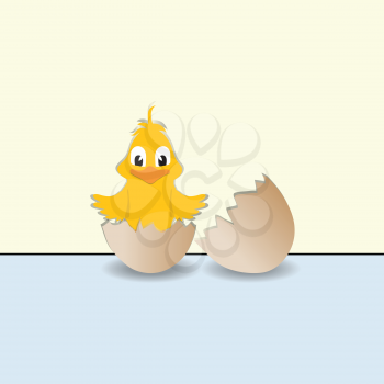 Chick coming out from a Broken Egg on a Green Background