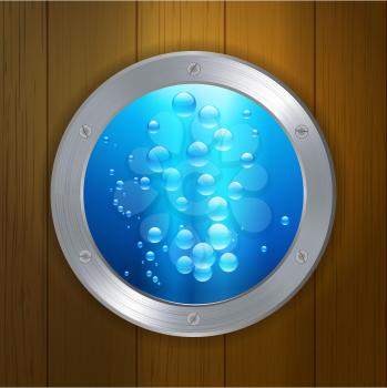 Porthole Window with Blue Water and Bubbles Over Wood Background