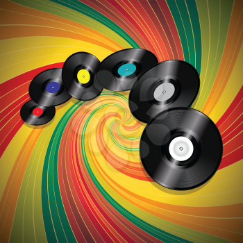 Vinyl Records Flying Over Vintage Swirl Background